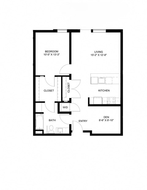 Floor plan for 1 bed, 1 bath, 855 sqft